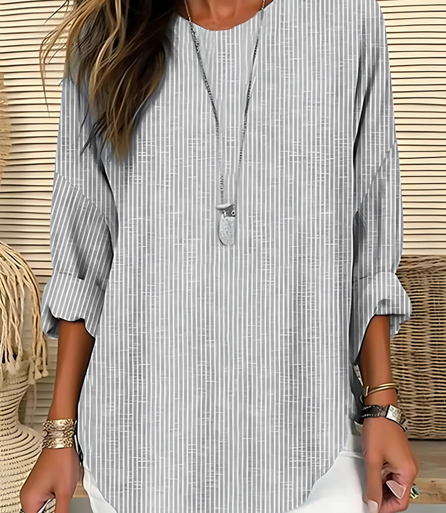 Women Summer Striped Round Neck Long Sleeve Blouse