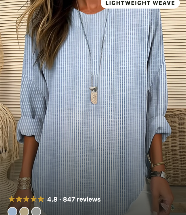 Women Summer Striped Round Neck Long Sleeve Blouse