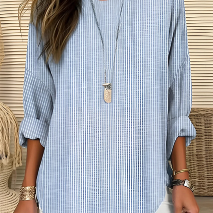 Women Summer Striped Round Neck Long Sleeve Blouse
