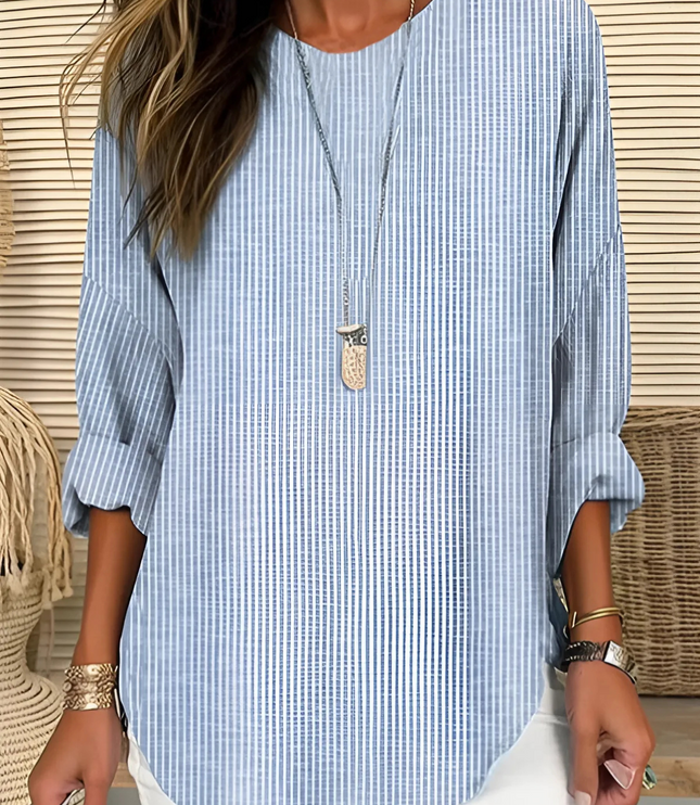 Women Summer Striped Round Neck Long Sleeve Blouse