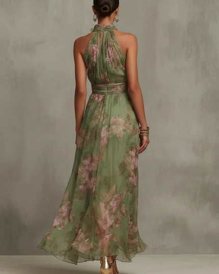 Women green floral maxi dress close-up showing halter neckline gathers, metal ring detail, and waistband