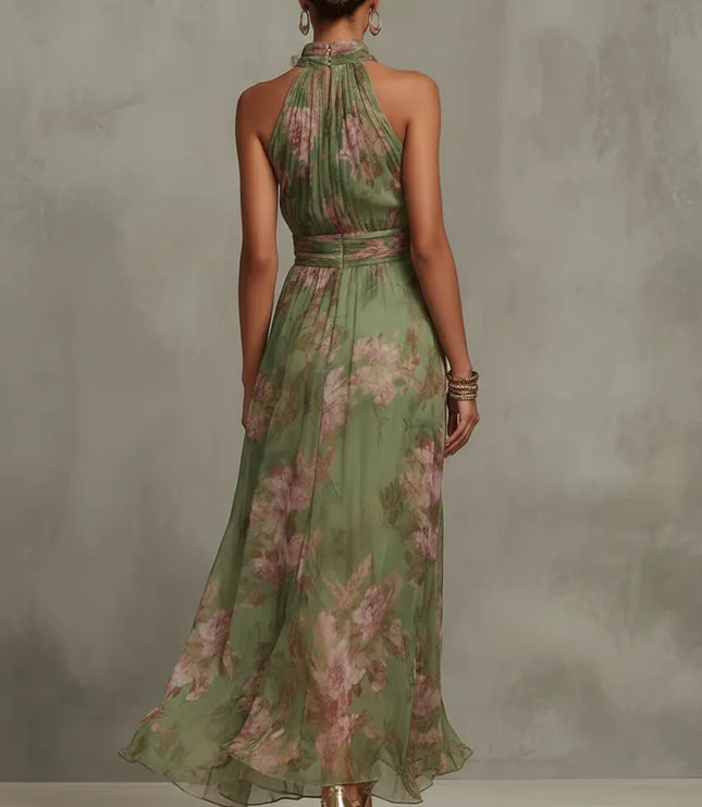 Women green floral maxi dress close-up showing halter neckline gathers, metal ring detail, and waistband