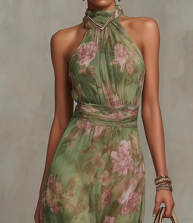 Women green floral maxi dress cropped front view with sleeveless halter neck and defined ruched waist