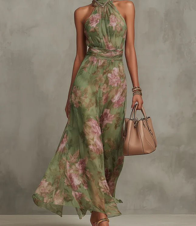 Women green floral maxi dress with halter neckline, gathered pleats, and ruched waistband front view