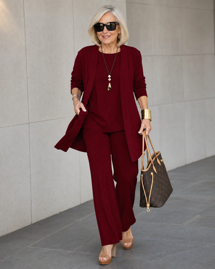 Women's 3-Piece Wide-Leg Pants Set with Drape Cardigan