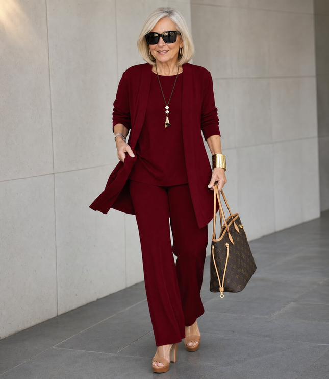 Women's 3-Piece Wide-Leg Pants Set with Drape Cardigan