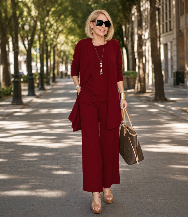 Women's 3-Piece Wide-Leg Pants Set with Drape Cardigan
