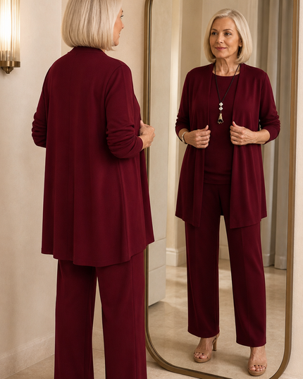 Women's 3-Piece Wide-Leg Pants Set with Drape Cardigan
