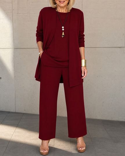 Women's 3-Piece Wide-Leg Pants Set with Drape Cardigan