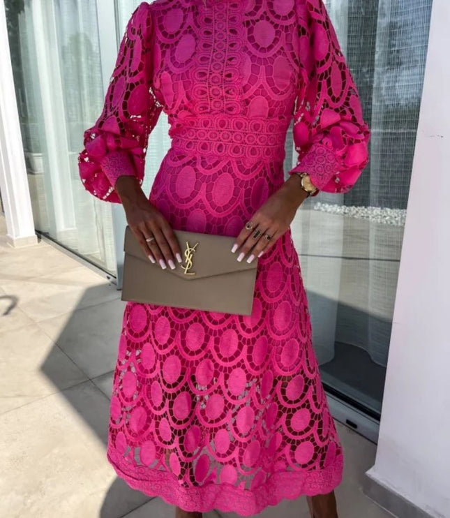 Women's A-Line Midi Dress in Lace with a High Neckline