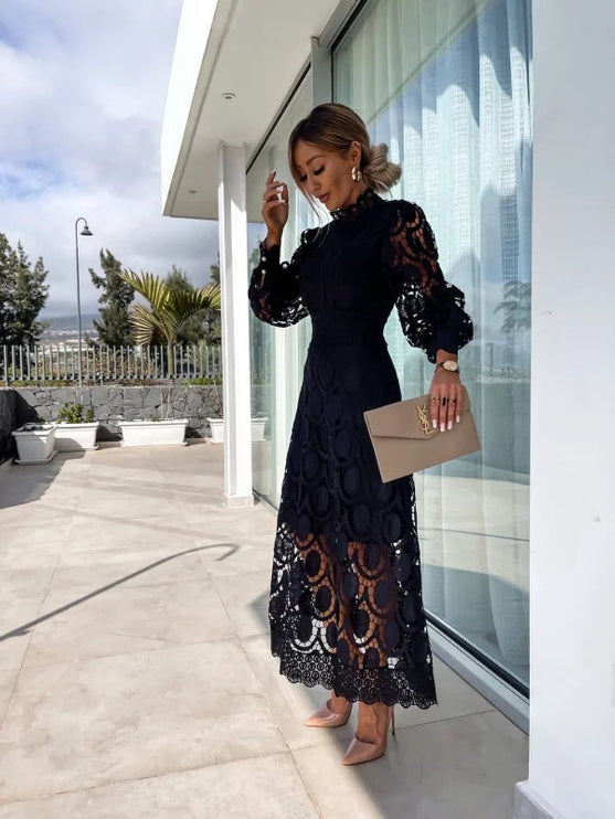 Women's A-Line Midi Dress in Lace with a High Neckline