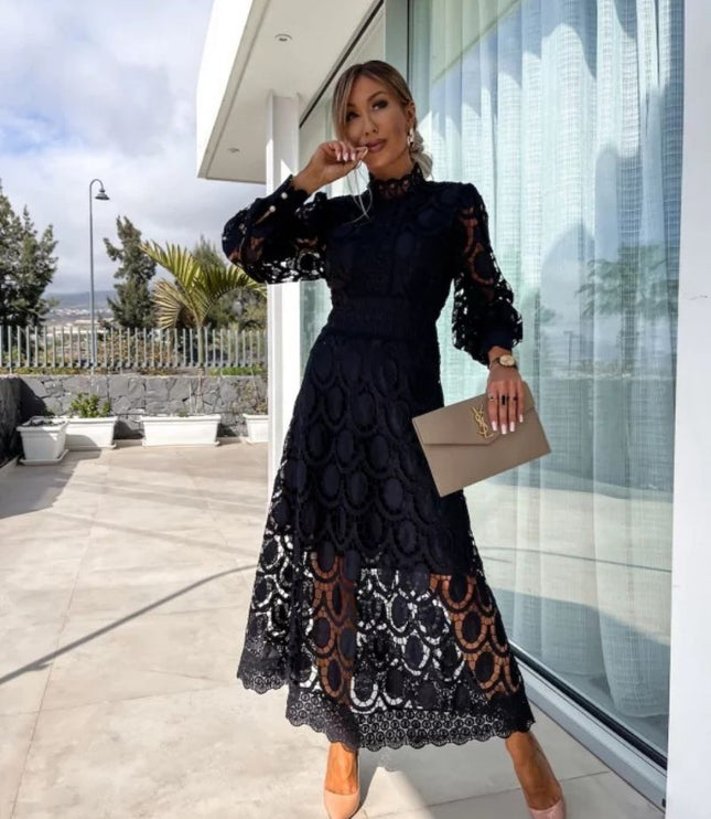 Women's A-Line Midi Dress in Lace with a High Neckline