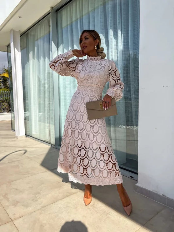 Women's A-Line Midi Dress in Lace with a High Neckline
