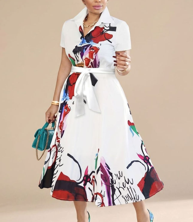 Women's Abstract Print Button Front Midi Summer Dress