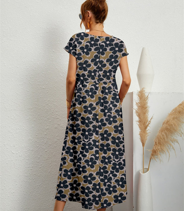 Women's Ankle-Length Floral Dress with a Round Neck and Pockets