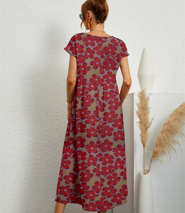 Women's Ankle-Length Floral Dress with a Round Neck and Pockets