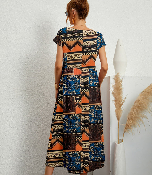 Women's Ankle-Length Floral Dress with a Round Neck and Pockets