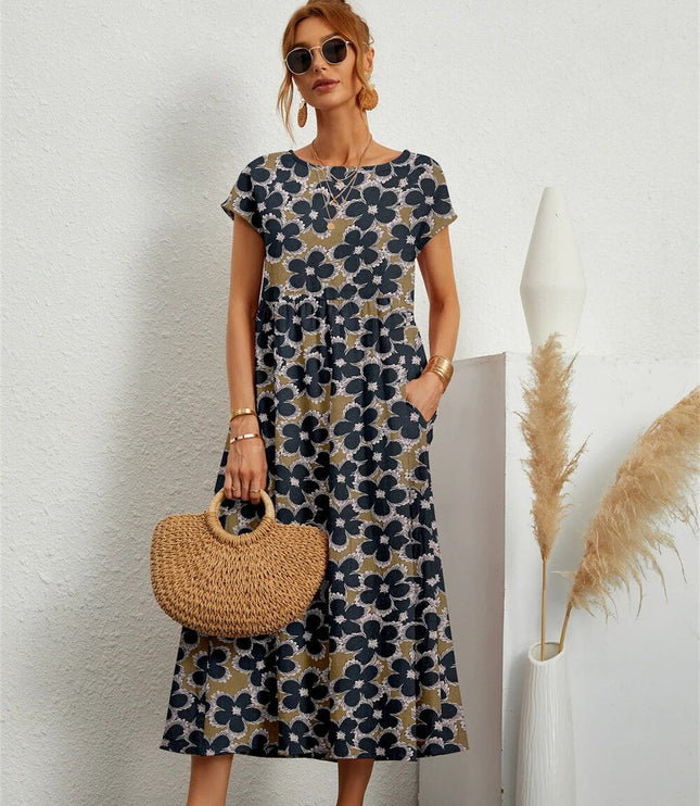 Women's Ankle-Length Floral Dress with a Round Neck and Pockets