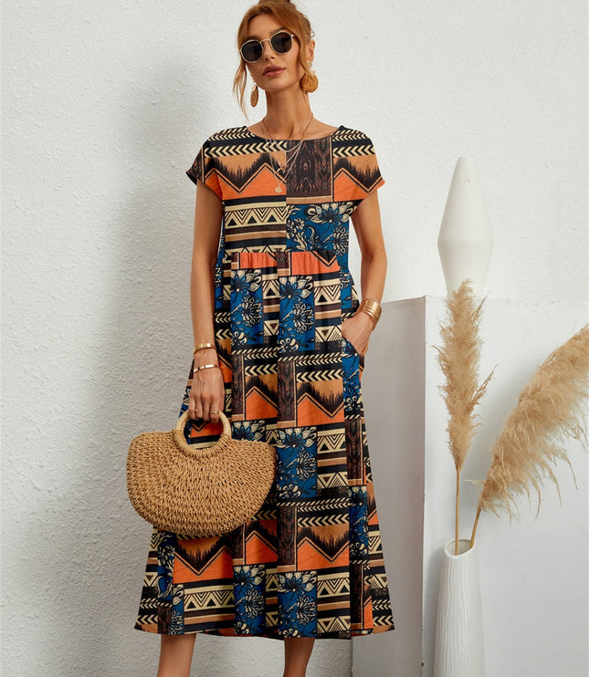 Women's Ankle-Length Floral Dress with a Round Neck and Pockets