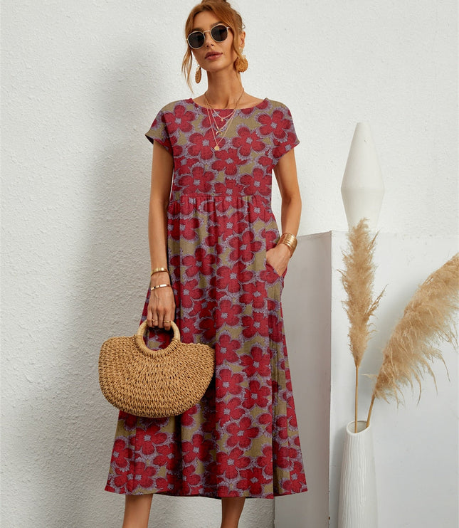 Women's Ankle-Length Floral Dress with a Round Neck and Pockets