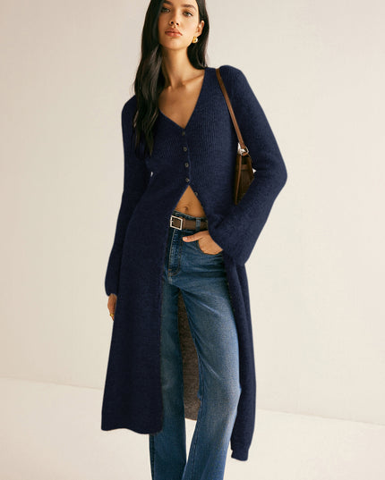 Women's Ankle-Length Knit Cardigan with Button Front and Slits