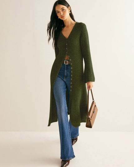 Women's Ankle-Length Knit Cardigan with Button Front and Slits