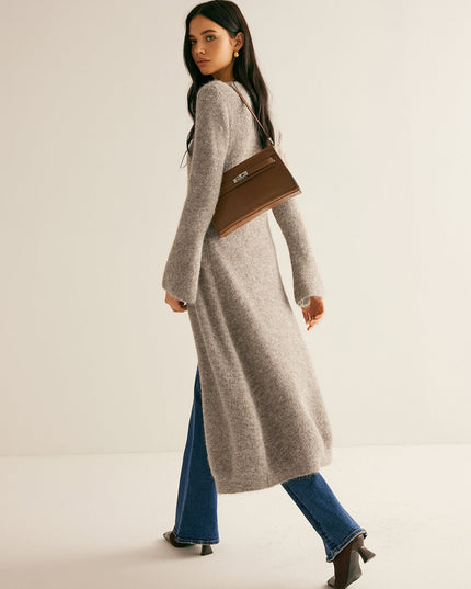 Women's Ankle-Length Knit Cardigan with Button Front and Slits