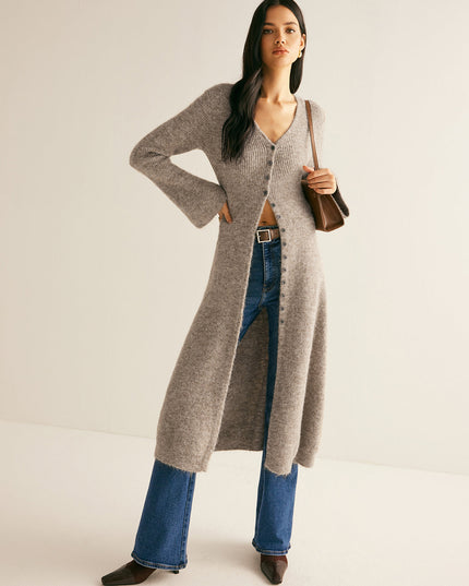 Women's Ankle-Length Knit Cardigan with Button Front and Slits