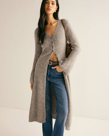Women's Ankle-Length Knit Cardigan with Button Front and Slits