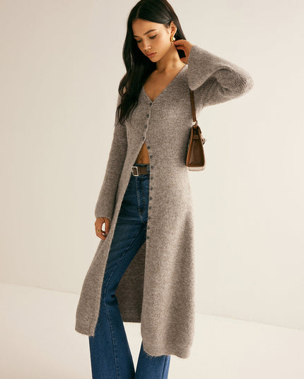 Women's Ankle-Length Knit Cardigan with Button Front and Slits