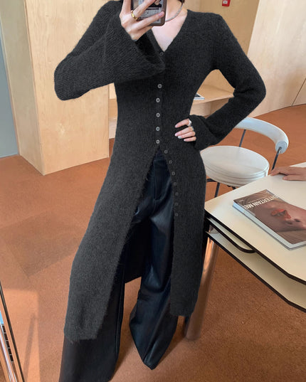 Women's Ankle-Length Knit Cardigan with Button Front and Slits
