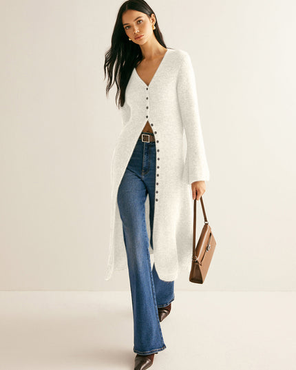 Women's Ankle-Length Knit Cardigan with Button Front and Slits