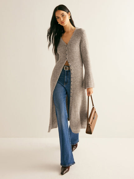 Women's Ankle-Length Knit Cardigan with Button Front and Slits