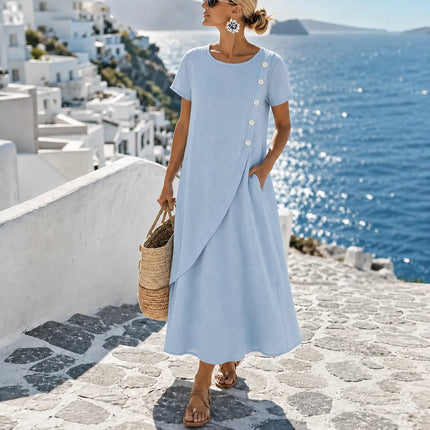 Women's Asymmetric Button Front Pocket Midi Dress