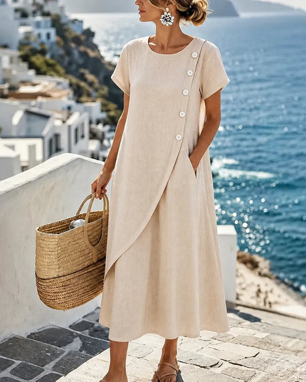 Women's Asymmetric Button Front Pocket Midi Dress