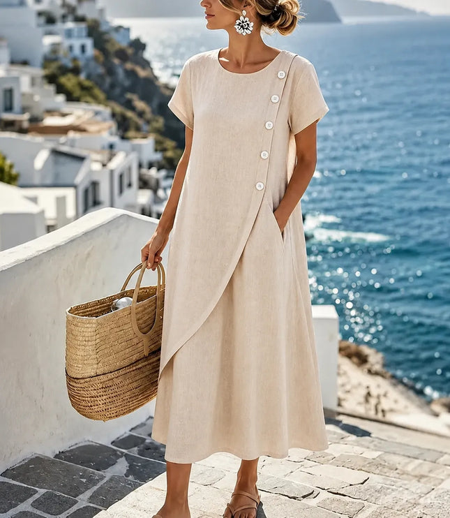 Women's Asymmetric Button Front Pocket Midi Dress
