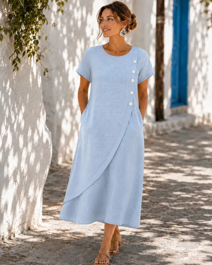 Women's Asymmetric Button Front Pocket Midi Dress