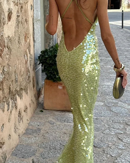 Women's Backless Evening Gown in Green Sequin