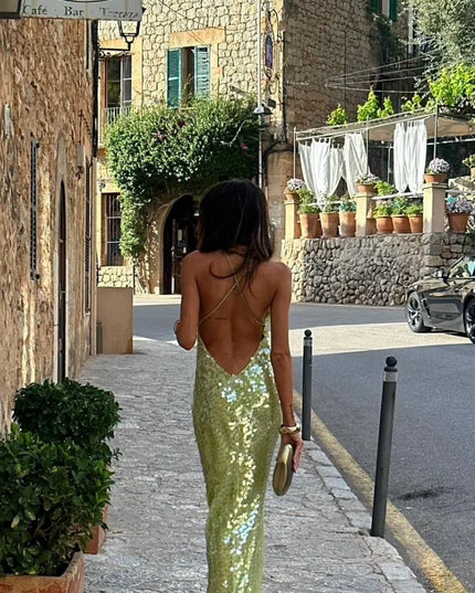 Women's Backless Evening Gown in Green Sequin