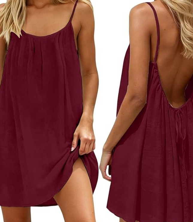 Women's Backless Mini Dress in Breezy Linen-Look Fabric