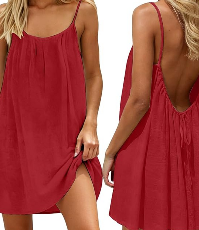 Women's Backless Mini Dress in Breezy Linen-Look Fabric