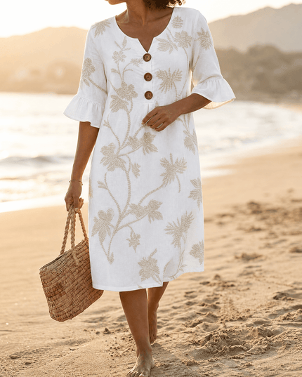 Women's Bell Sleeve Floral Embroidered Midi Dress