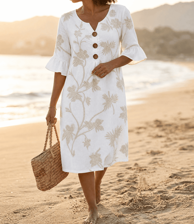 Women's Bell Sleeve Floral Embroidered Midi Dress