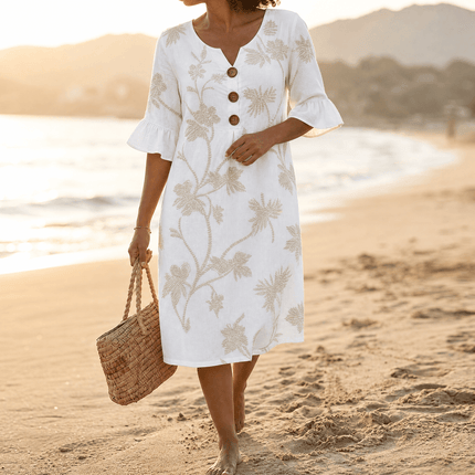 Women's Bell Sleeve Floral Embroidered Midi Dress