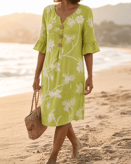 Women's Bell Sleeve Floral Embroidered Midi Dress