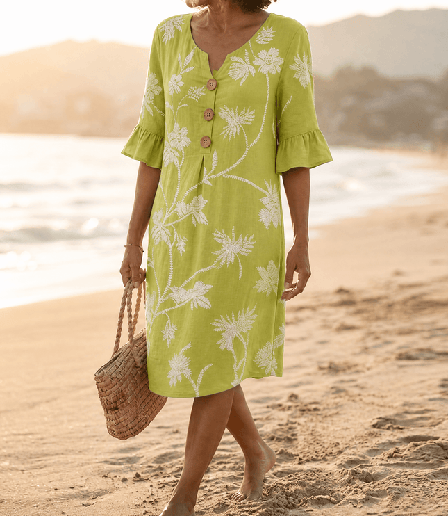 Women's Bell Sleeve Floral Embroidered Midi Dress