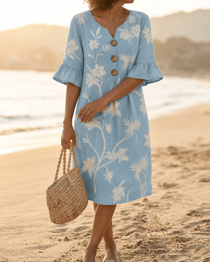 Women's Bell Sleeve Floral Embroidered Midi Dress