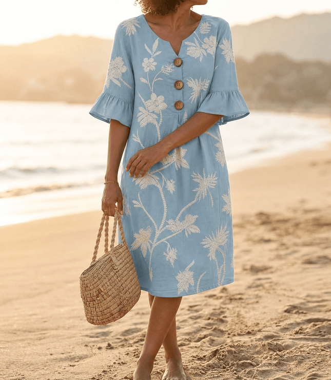 Women's Bell Sleeve Floral Embroidered Midi Dress