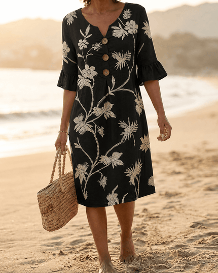 Women's Bell Sleeve Floral Embroidered Midi Dress