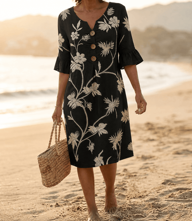 Women's Bell Sleeve Floral Embroidered Midi Dress